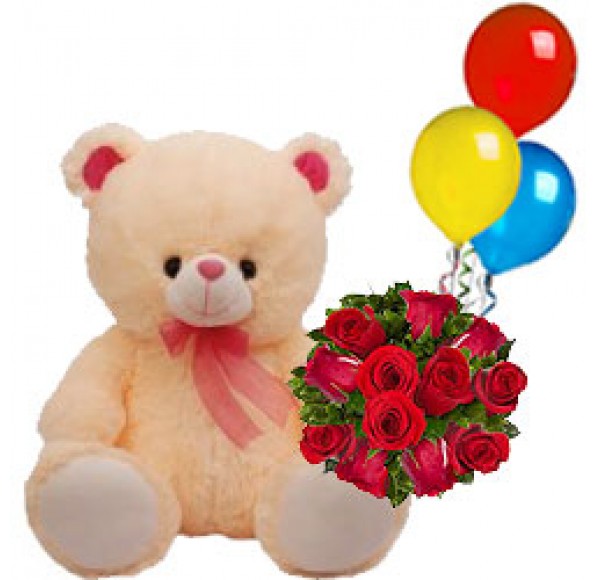 Rejoicing Love Gift Threesome of Red Roses, Balloon and Teddy